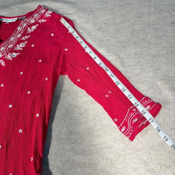 Vtg Red Embroidered Tunic Women’s M 3/4 Sleeve Blouse Boho Folk Peasant Festival - Picture 7 of 7